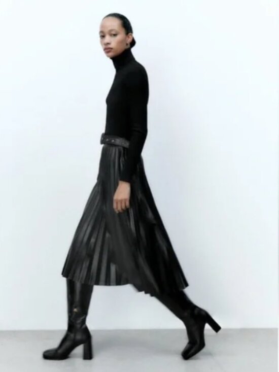 Zara Faux Leather Black Pleated Midi A-Line Skirt Size XL NO BELT - Picture 4 of 7